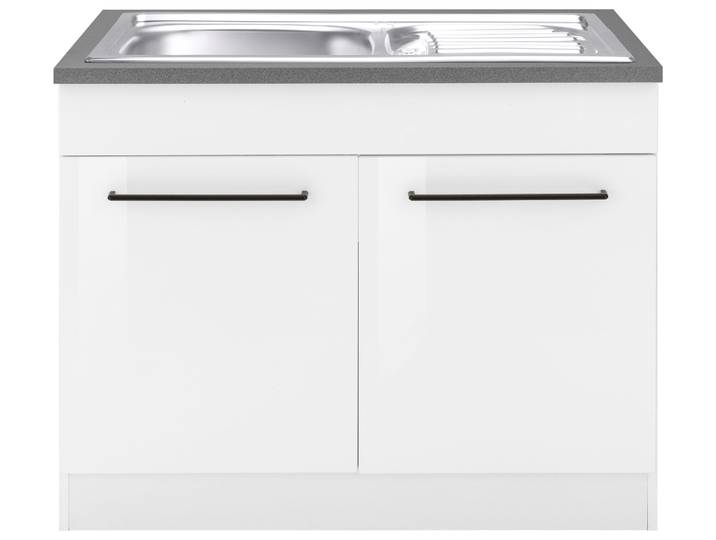 Spülenschrank KOCHSTATION KS-Tulsa , weiss (weiß hochglanz), B:100cm H:85cm T:60cm, Schränke, Spülenschrank, 100 cm breit, 2 Türen, Metallgriff, MDF Front, inkl. Einbauspüle