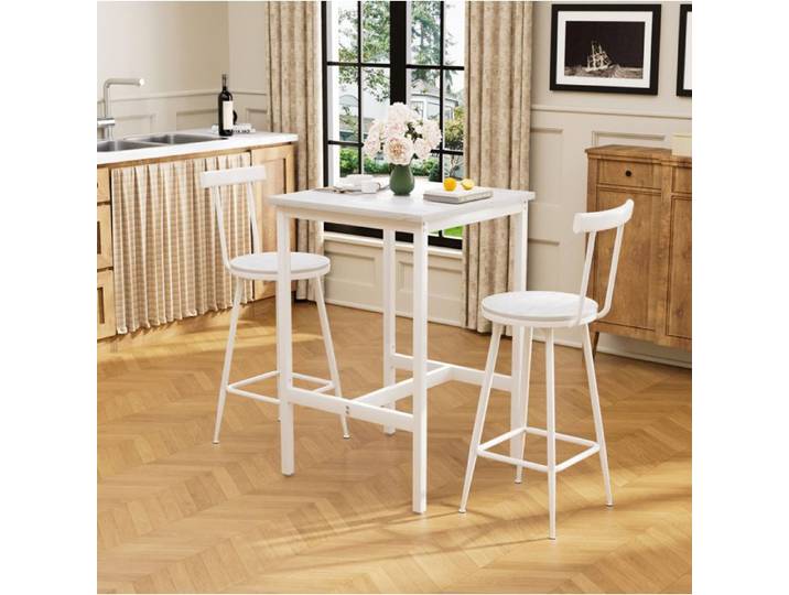 MEULVA Set table haute et 2 tabourets 60 x 60 x 92 cm blanc style industriel avec dossier