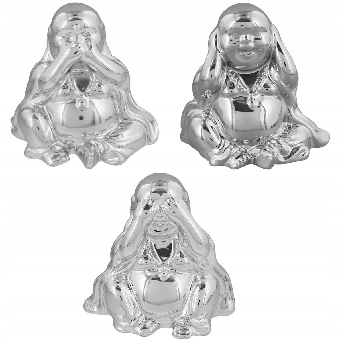 Set van 3 Zilveren Spiegelende Keramische Boeddha Beeldjes voor op tafel