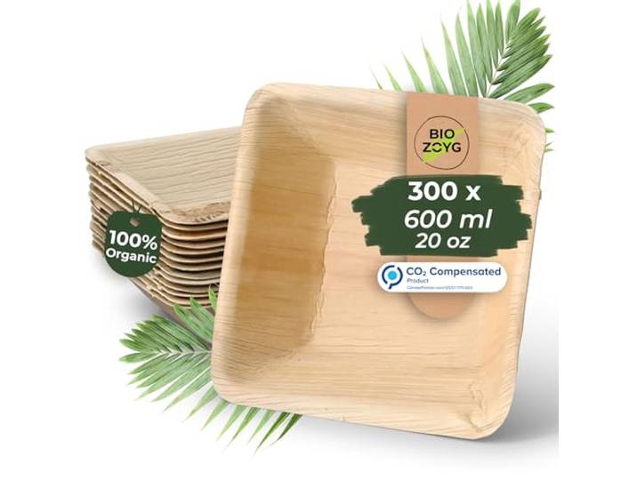 BIOZOYG Palmblatt Geschirr, Schale 300 Stück 600 ml 17 cm quadratisch - Einweg Suppenteller Salatschale kompostierbar Palmblatt Schüssel - Einweg Bowl Partygeschirr