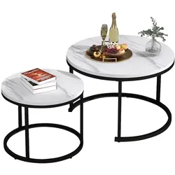 OKWISH Runder Couchtisch verschachtelbar MDF Tischplatte Marmormuster Beistelltisch Sofatisch Wohnzimmer MarmorFarbe Großer + Kleiner Tisch