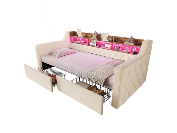 Lvhom Tagesbett 90/190 mit Schubladen & Regal, Usb-C Ladeanschlüsse/LED, Samt, Beige, Holz, 2 Schubladen, 90x190 cm, Schlafzimmer, Betten, Polsterbetten