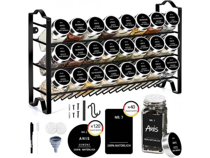 Étagère à épices - HOME SAFETY - Verticale - 24 pots verre 120 ml - Posable ou murale - Couvercles inox sans BPA