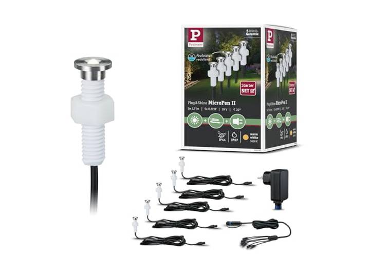 Paulmann 93695 Outdoor Plug&Shine Kit encastrés extérieur MicroPen II\, 5x0\,22W\, (incl. driver)\, IP67\, 3000K\, Acier inoxydable argent 4\,6 x 1\,5 x 4\,6 cm
