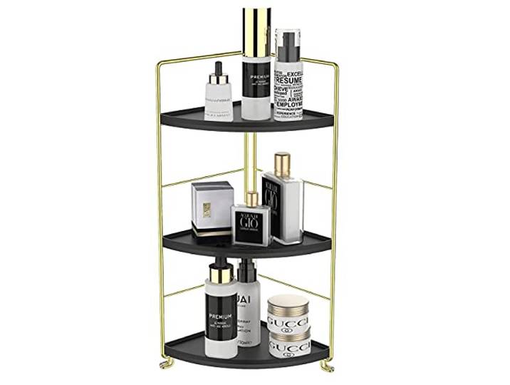 3-stöckiges Badezimmer-Arbeitsplatten-Organizer, Schminktablett, Kosmetik- und Make-up-Aufbewahrung, Küchengewürzregal, Standregal, Eckregal, Schwarz & Gold