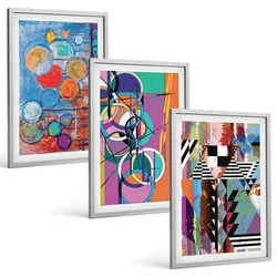BILDER SET 3er Set - 40x60 cm Silberner Rahmen - Bunte abstrakte Kreise Geometrie