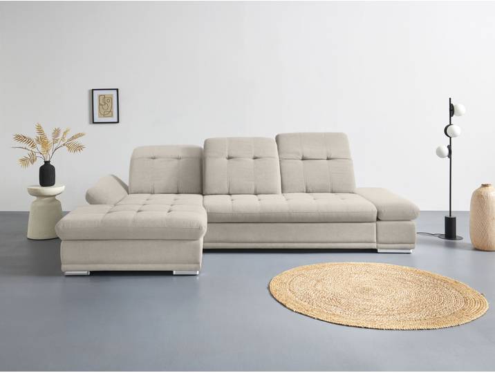 Ecksofa, 100% Polyester, Beige, 302×190 cm, Mit Bettfunktion & Bettkasten, Cotta