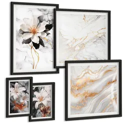 BILDER SET 5er Set - 50x50 cm & 20x30 cm & 40x60 cm Schwarzer Rahmen - Bilder mit blau-goldenen Mustern