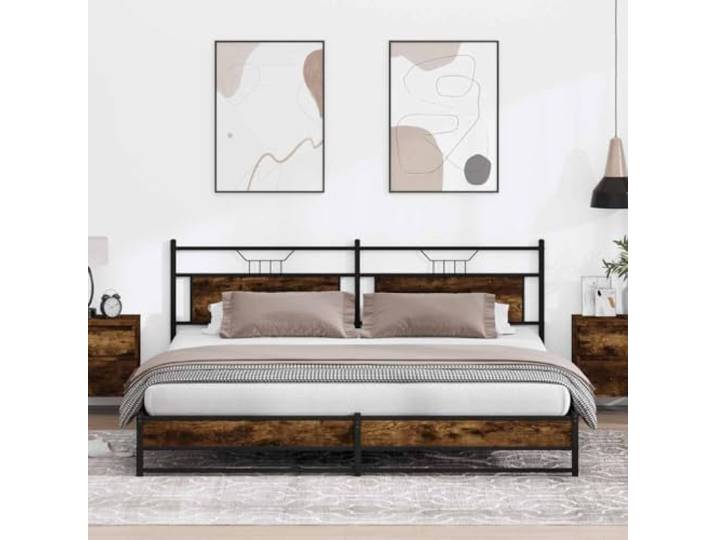 Metallbett ohne Matratze Räuchereiche 193x201 cm Stahlgestell Stabil, Lattenrost Inklusive, Stauraum Unter Dem Bett, Kopfteil Für Komfort