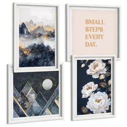 BILDER SET 4er Set - 50x50 cm & 40x60 cm Weißer Rahmen - Abstrakte Berge und Blumen Inspiration