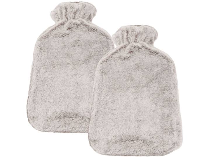 2er-Set Wärmflasche mit flauschigem Plüsch-Bezug, 1,6 Liter, beige