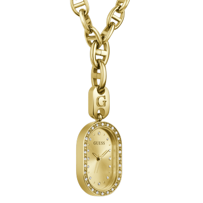 Kettenuhr GUESS "ODETTE", gold (goldfarben), Taschenuhren, Damen, Quarzuhr, Damenuhr, Kettenlänge verstellbar, Edelstahlgehäuse