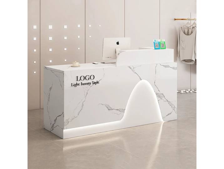 Bureau de réception vintage, bureau de réception moderne de luxe, bureau de réception nordique tendance avec rangement, mobilier commercial esthétique