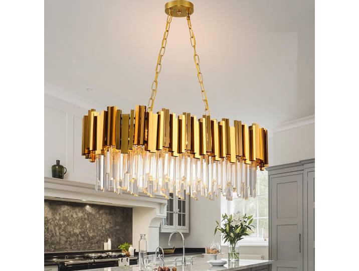 Lustre moderne en cristal doré, lustre de luxe à chaîne ovale en cristal K9 - Îlot de cuisine/Salle à manger/Salon/Bar