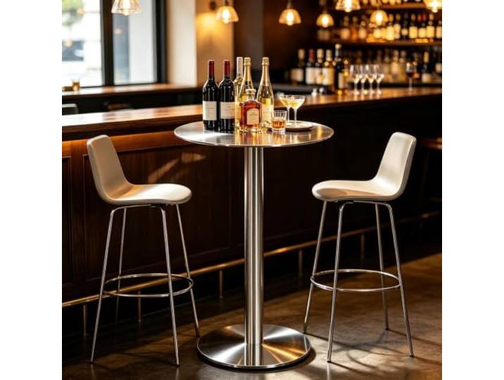 Bartisch im Freien quadratisch für Pool Terrasse Tisch Bistro Pub-Tisch Cocktailtisch aus Edelstahl für Bistro, Esszimmer, Wohnzimmer, Terrasse, Silber(Round,70x70x105cm)