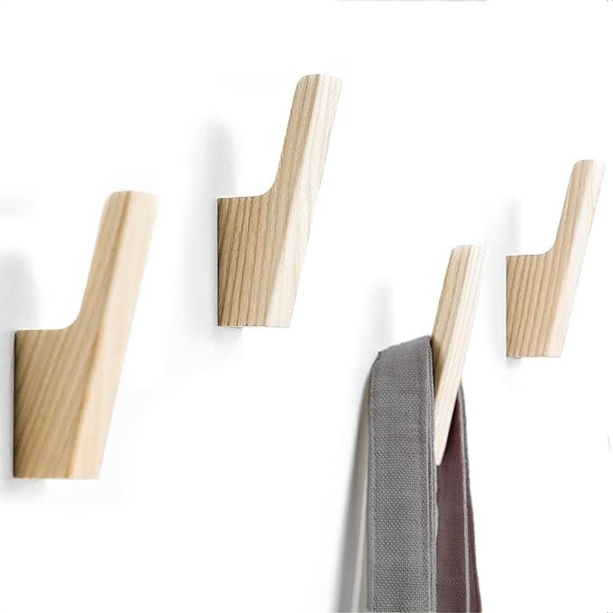 PolkaHome Set van 4 Wandhaken van Beukenhout - Moderne Garderobehaken voor Kleding en Accessoires - Natuurlijk Hout