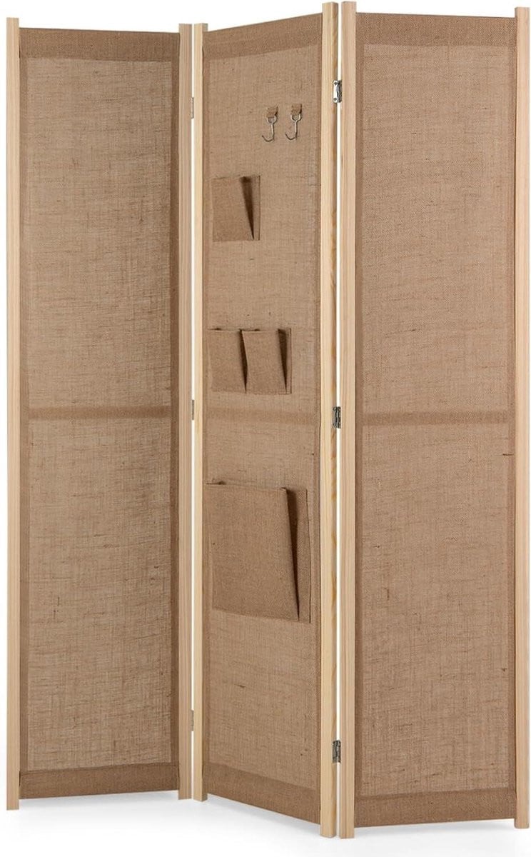 Beige Kamerverdeler Paravent met Opbergvakken - Vouwbaar Scherm - 121 x 170 cm