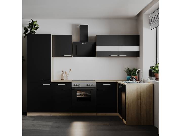 Cuisine d’angle Merle ensemble B 280cm Noir/Noir Vitrocéramique Avec électroménager