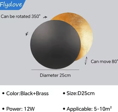 Inspire Curations Rotatable Solar Eclipse LED Wall Lamp black Brass 25cm cool White(5500 7000k)