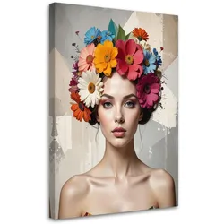 LEINWANDBILD, Frau mit Blumen auf dem Kopf in beige