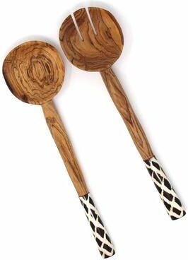 Global Crafts Handmade Olive Wood Serving Utensils with Natural Batik Bone Handles (Kenya)