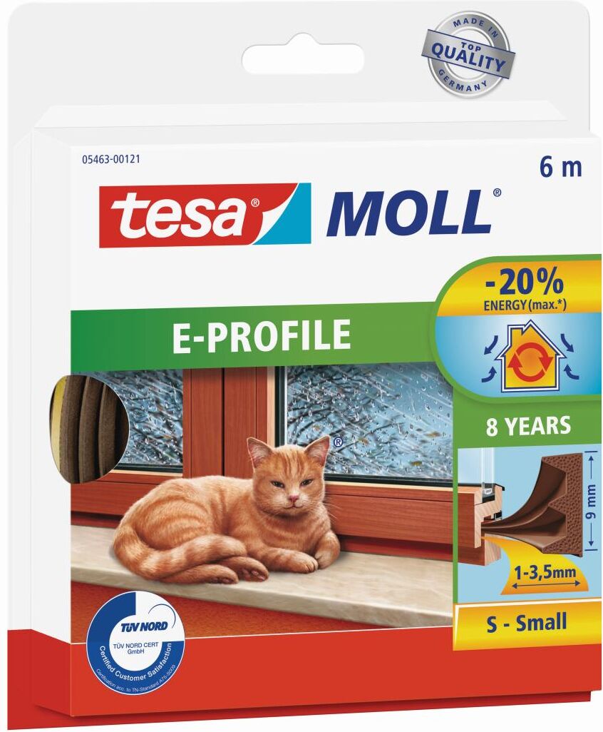 tesamoll E-Profil Gummidichtung für 1 - 3,5 mm Spalten, für Türen und Fenster, braun, 6 m x 9 mm x 4 mm