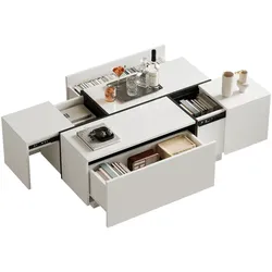 OKWISH Couchtisch 100x60x40 cm mit Hochglanzplatte, 4 Schubladen, schwarz-weißem Spleißdesign, Spanplatte, großer Stauraum, modern, elegant, multifunktional