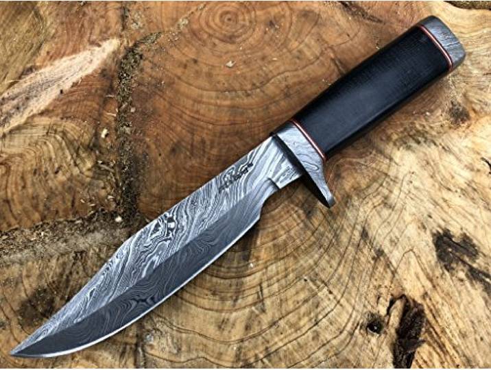 Perkin Messer Damastmesser Jagdmesser mit Lederscheide Feststehendes Messer für Jagdmesser