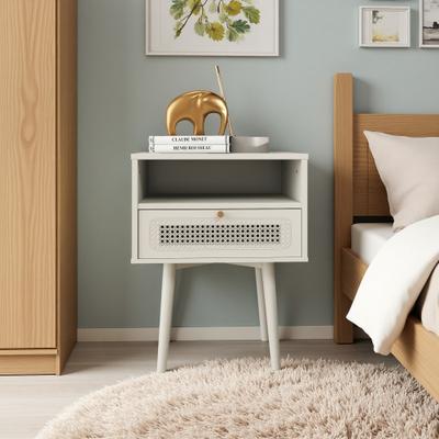 ZWYO HOSIMU "15.75"" Rubberwood Nightstand with Dual-Tier Storage & Drawer & Woven Pattern, Contemporary Side Table for Bedroom"