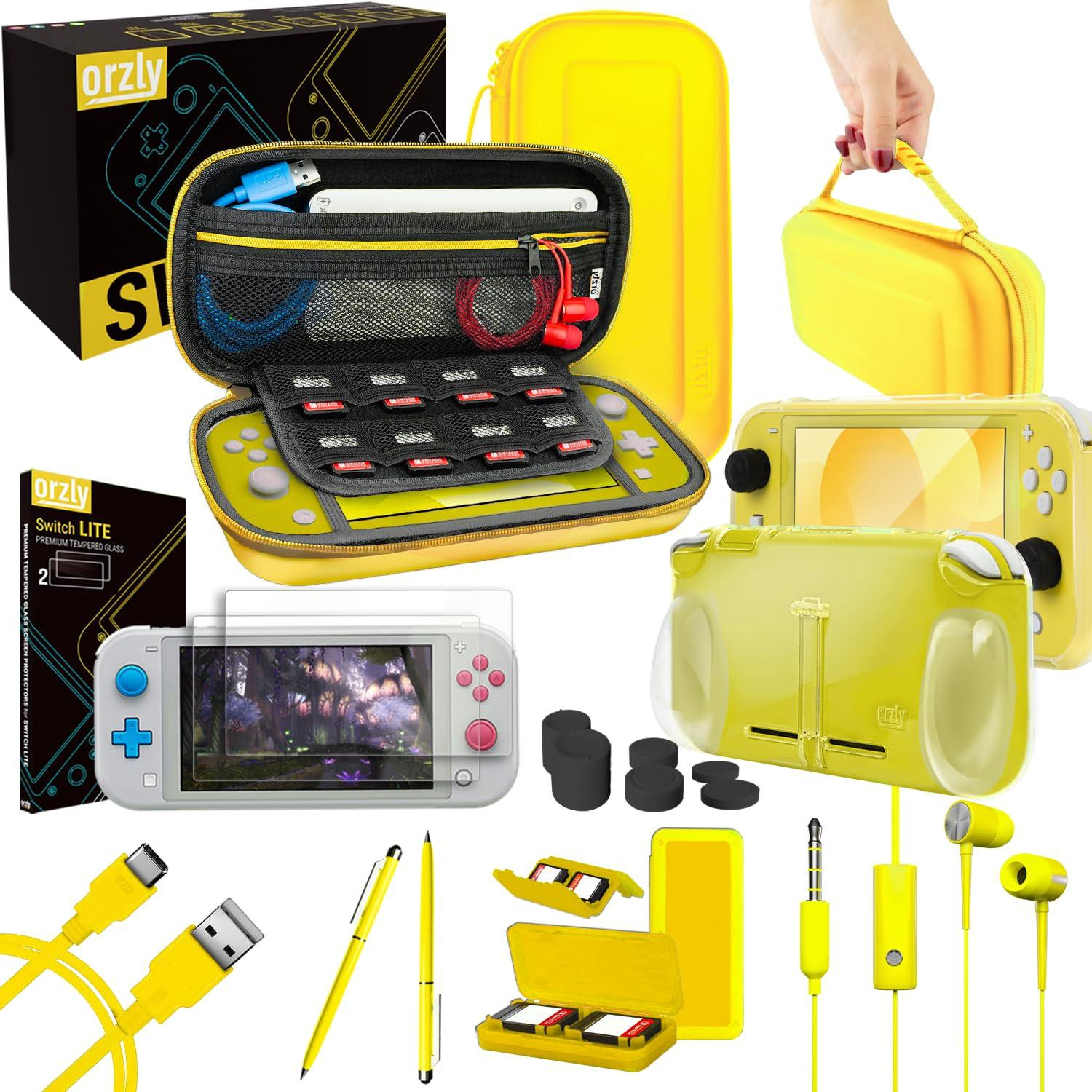 Orzly Accessoires Set voor Nintendo Switch Lite (2019) - Geel - Inclusief Beschermfolie, Hoes, USB-kabel, Spelkaarthouder, Handgreep en Hoofdtelefoon