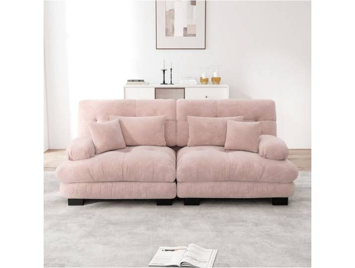Canapé modulaire rose en chenille avec coussins lombaires et décoratifs