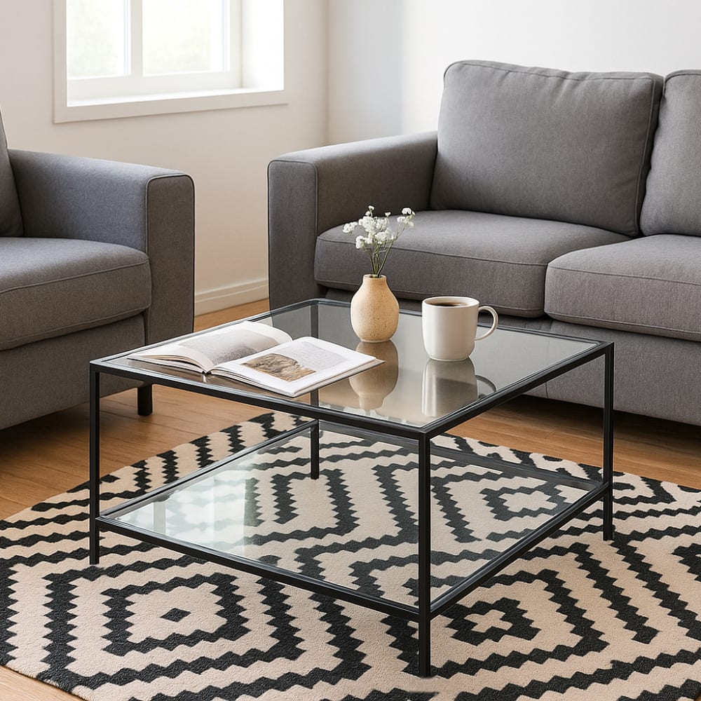 Urban Meuble Table Basse Industrielle Verre Trempé Cadre Acier 80*80*42cm Transparent 80x42x80cm