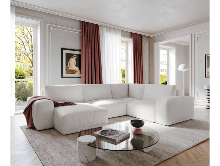 Wohnlandschaft Lanzo 300x210 cm Bouclé Creme-Weiß Recamiere variabel, Wohnlandschaften