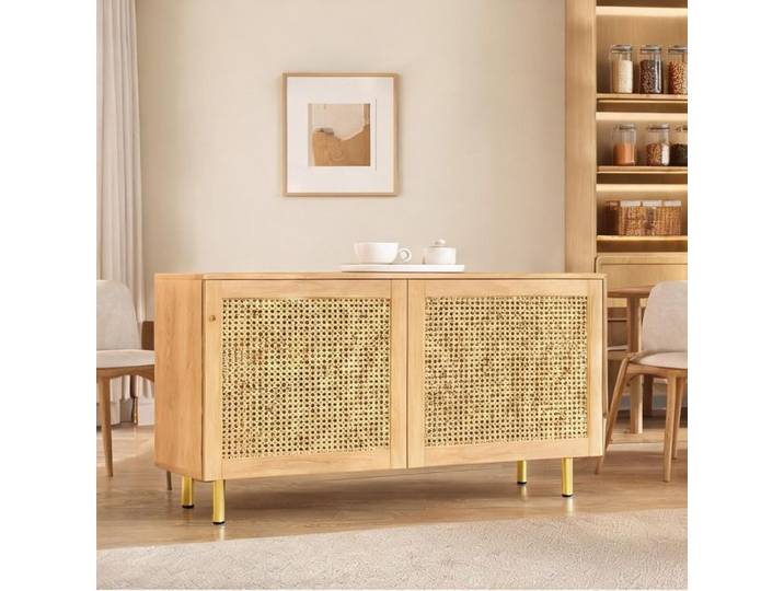 Buffet bas 3 portes 1 tiroir en bois naturel et métal doré style scandinave 180x40x63 cm