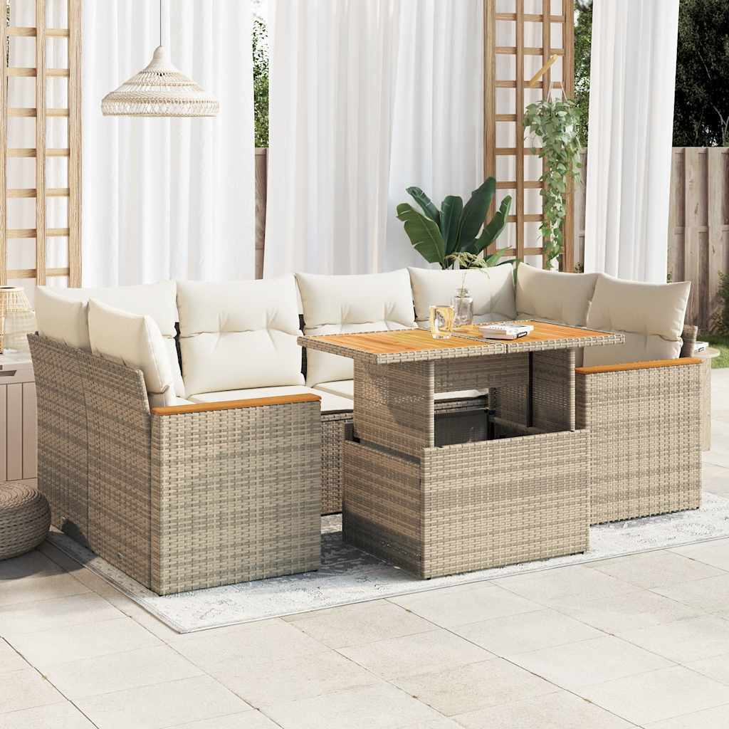 6-tlg. Garten-Sofagarnitur mit Kissen Beige Poly Rattan Akazie, Gartenmöbel-Sets DesignMöbel