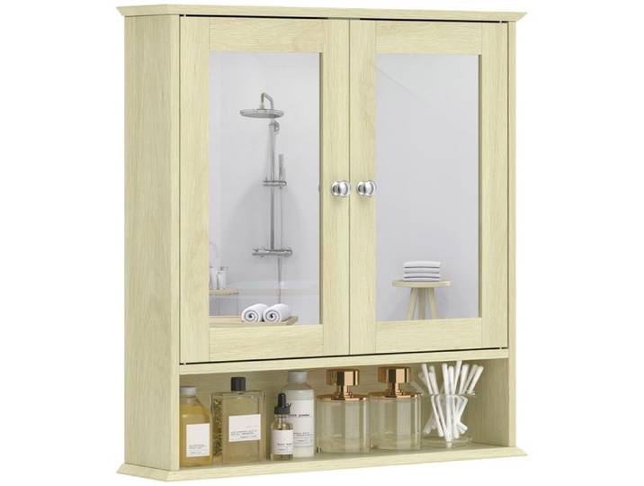 Armoire murale salle de bain avec miroir meuble salle de bain avec Portes Miroir Doubles Bois Naturel