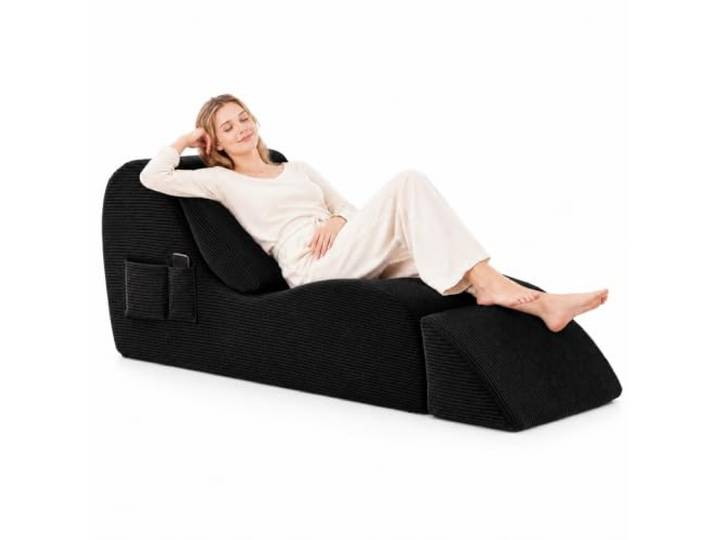 Yoga Stuhl Erwachsene 180 cm, Ergonomische Chaiselongue mit Fußstütze Cord Bodensofa für Yoga, Pilates, Stretching, Meditation, Paar-Yoga und Entspannung(Black)