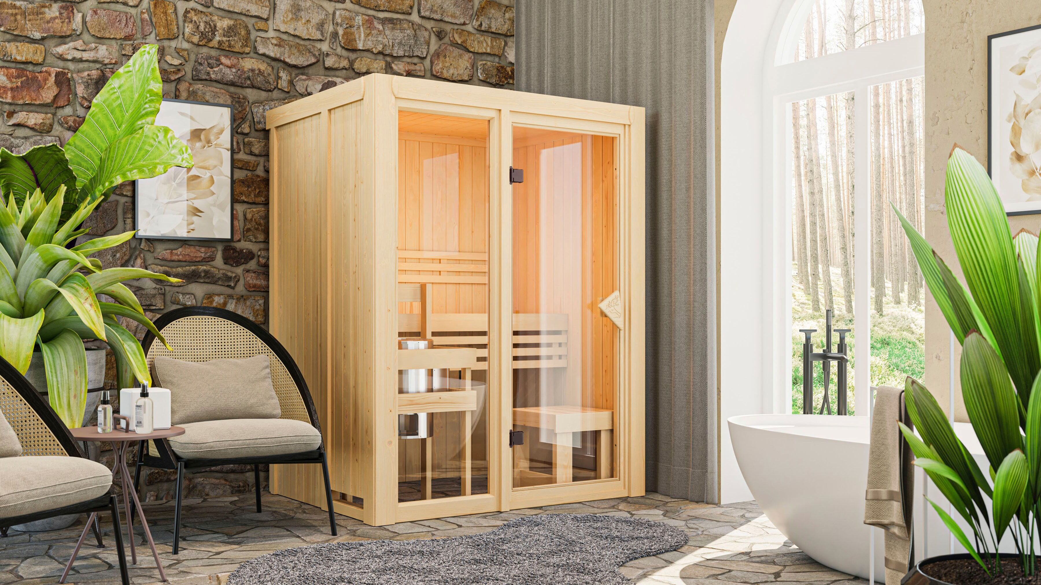 Sauna KARIBU "Alani 1", beige (natur), (ohne Ofen), Saunen, Sauna