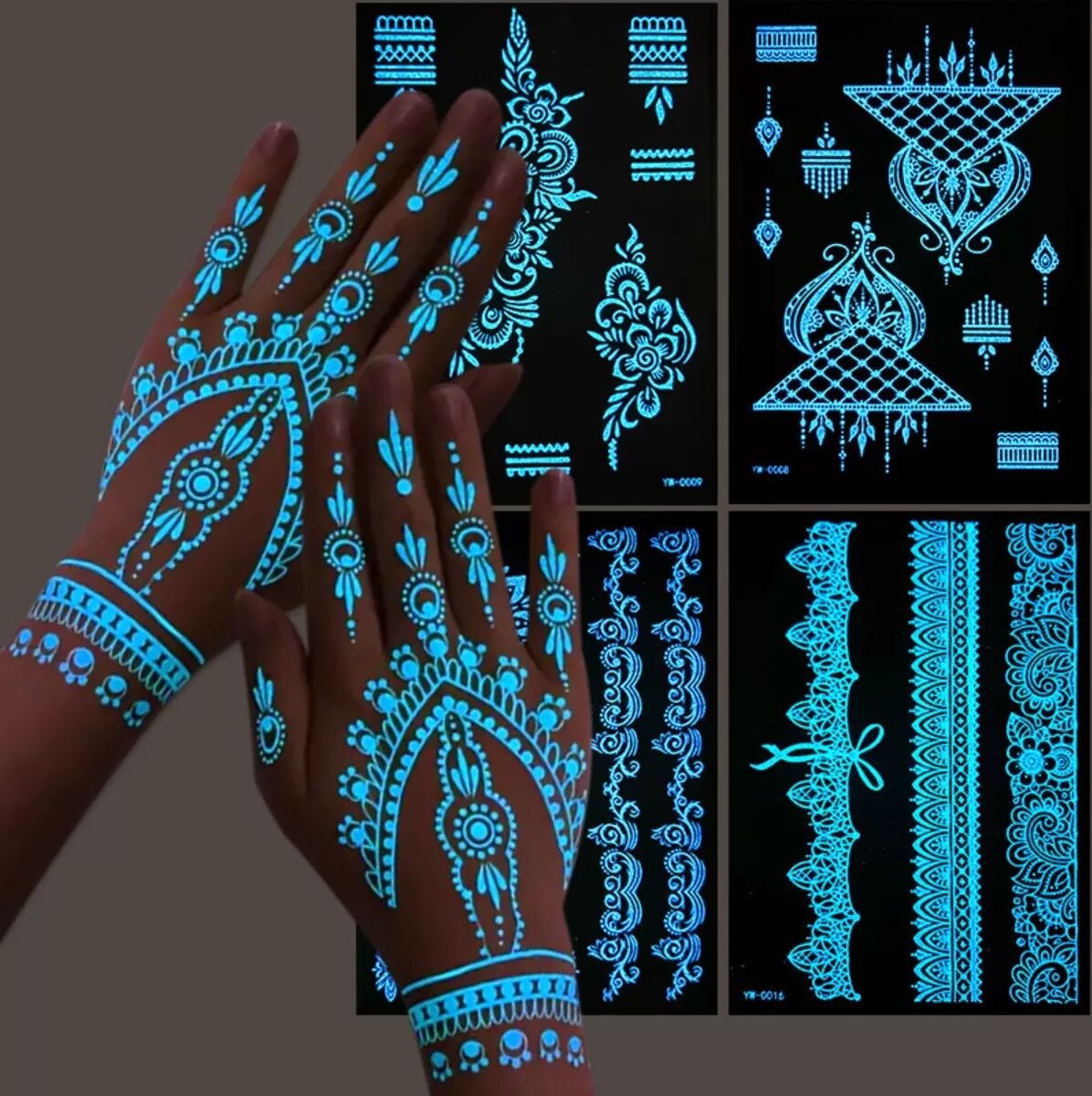 INF Leuchtende temporäre Tattoo-Aufkleber – Leuchtende Henna-Körperkunst
