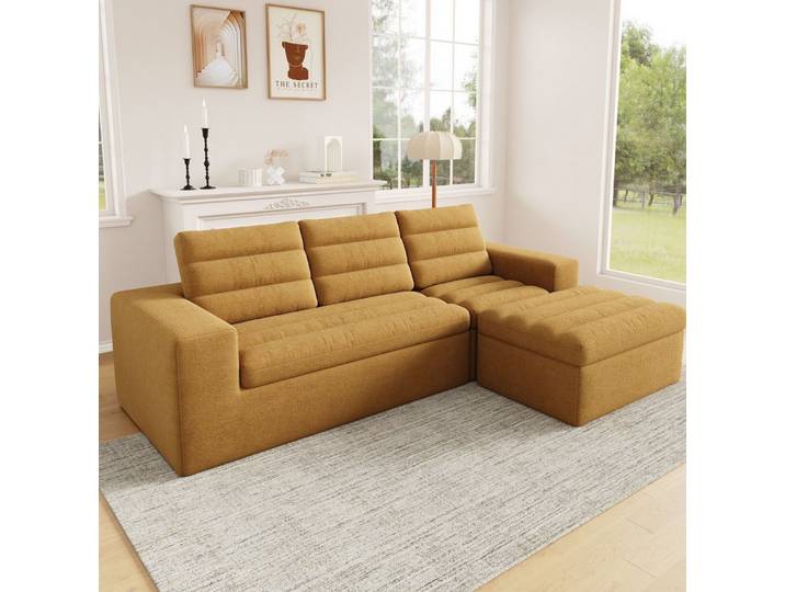 MODFU Schlafsofa Modulares Sofa aus Vollschaum, frei kombinierbar L- oder U-Form 1 Teile, Orange, 253x161x89cm, Chenille
