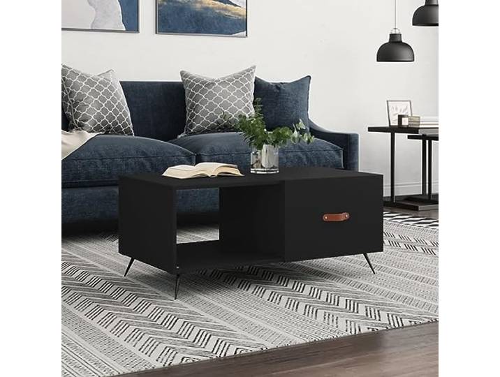 HEFZGDB Schwarzer Couchtisch 90x50x40 cm Holzwerkstoff mit Stauraum und Eisenbeinen für Wohnzimmer Beistelltisch Langlebig Stilvoll