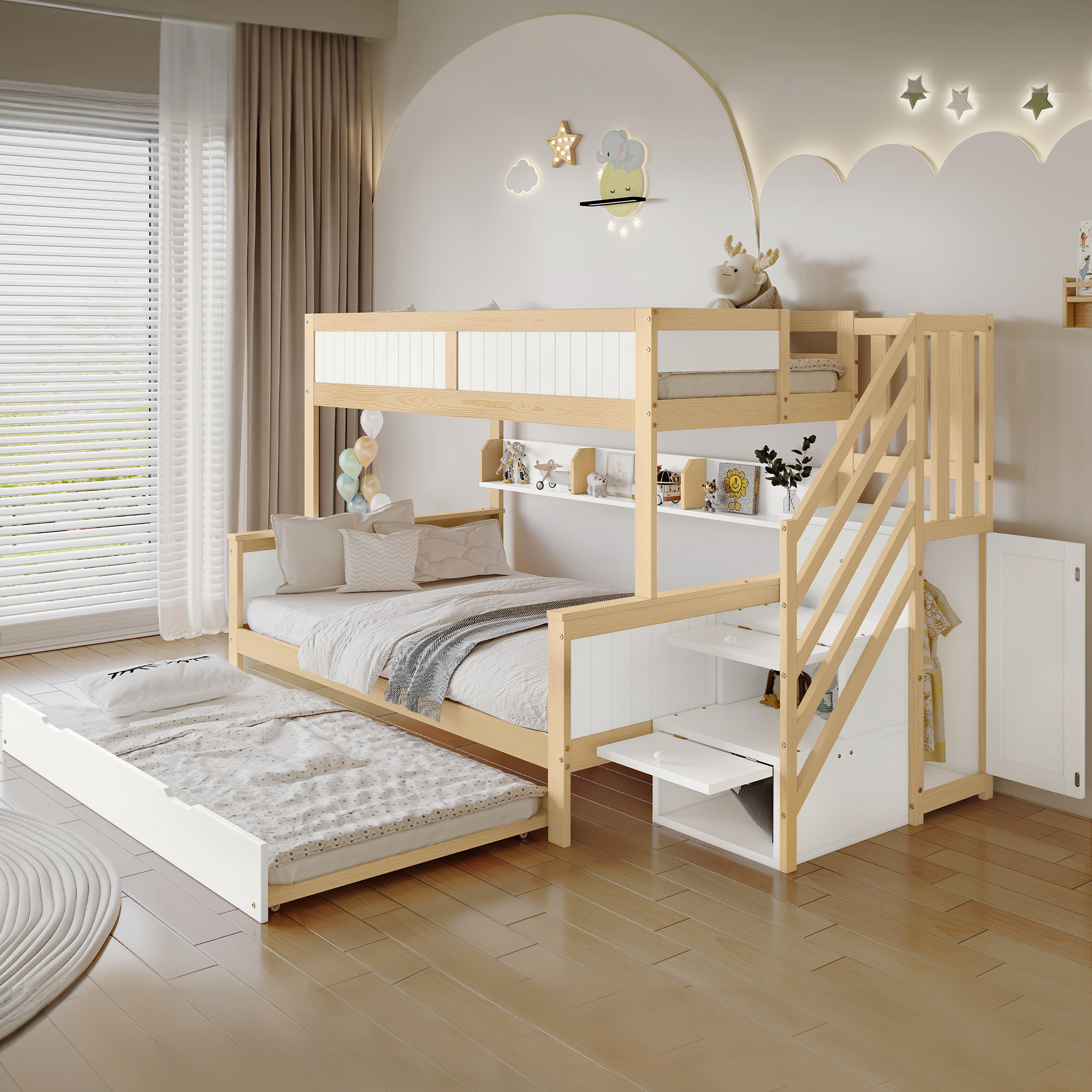 Merax Multifunktionales Etagenbett 90x200cm & 120x200cm mit Rollbett, Kinderbett mit Kleiderschrank & Stauraumtreppe - Weiß/Natur