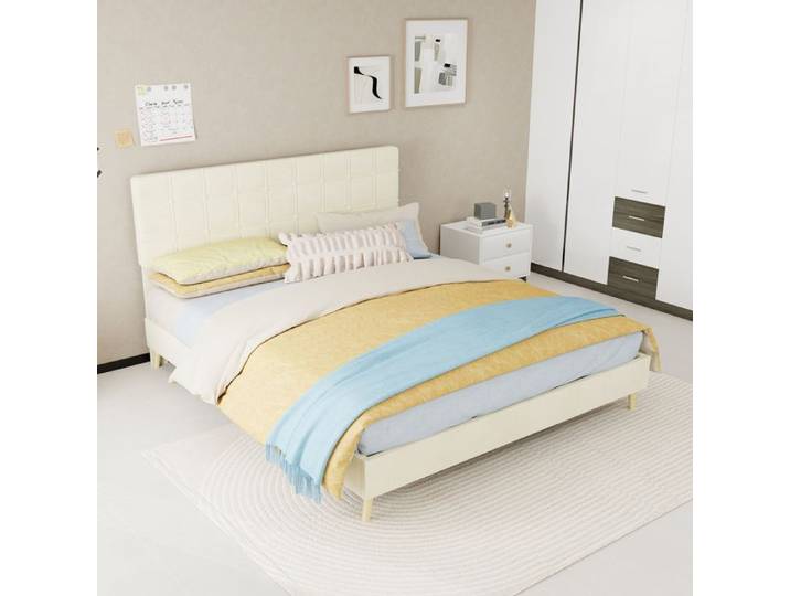 WUVRIE Lit double 160 x 200 cm en velours beige tête de lit capitonnée quadrillée sommier à lattes inclus