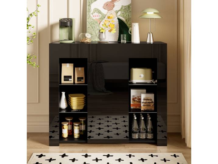 Buffet noir brillant, armoire de rangement moderne pour cuisine, salle à manger, salon