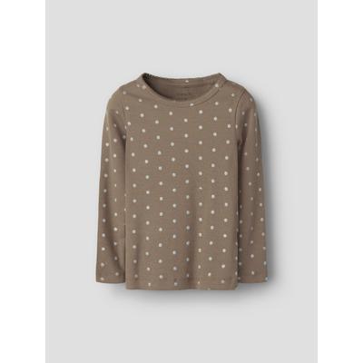 Langarmshirt NAME IT "NMFLONA LS XSL TOP", Mädchen, Gr. 98, taupe gray, Jersey, Obermaterial: 57% Baumwolle, 38% Modal, 5% Elasthan, bedruckt, slim fit normal, Rundhals, Shirts Langarmshirt, Baumwollmischung, slim fit