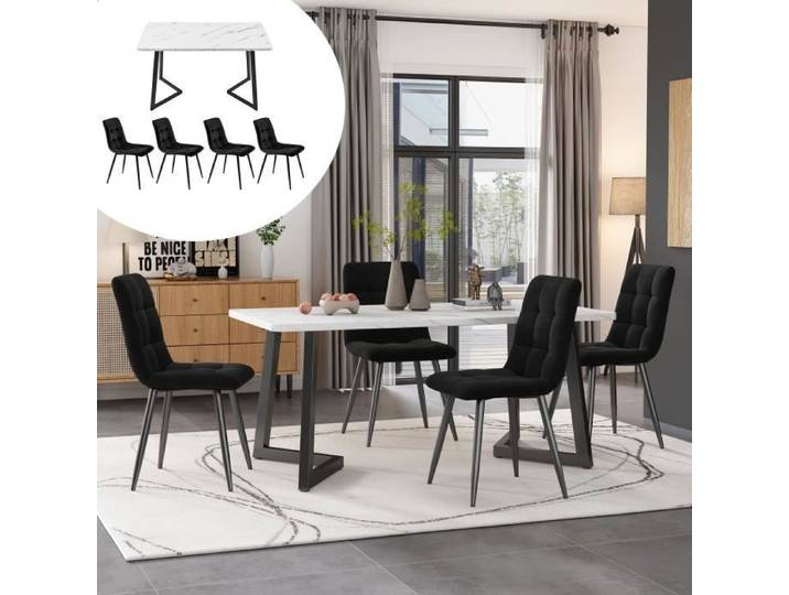 Table salle à manger Ensemble 4 chaises - Noir - Rectangulaire - Contemporain