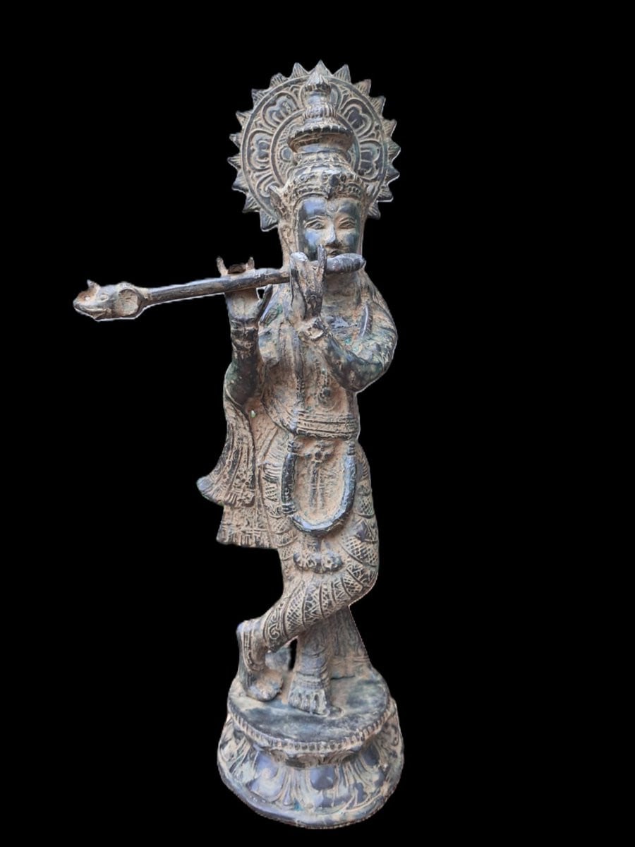 Bronzen standbeeld van Lord Krishna die fluit speelt, 37 cm