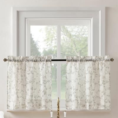 No. 918 Jacqueline Tonal Floral Puff Print Semi-Sheer Rod Pocket 2-Piece Kitchen Curtain Tier Pair