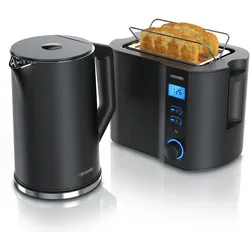 Arendo Frühstücks Set Edelstahl Wasserkocher 1,5l mit Display & 2-Scheiben Doppelschlitz Toaster, Schwarz, Wasserkocher, Schwarz