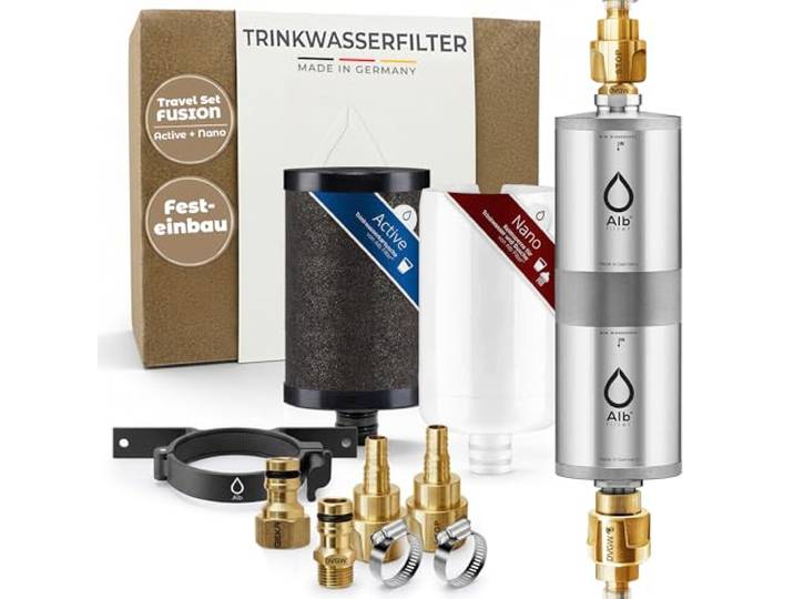 Alb Filter TRAVEL FUSION Einbaufilter Camping Edelstahl Natur Zweistufiger Wasserfilter gegen Schadstoffe & Keime bis 0,1 µm, fester Einbaufilter für Wohnmobil & Boot, Made in Germany